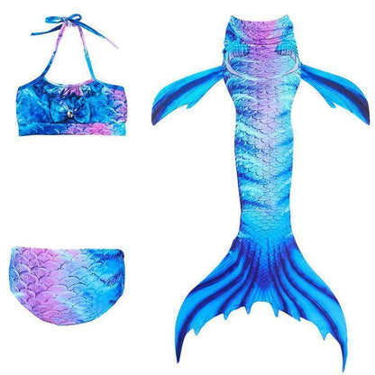 Meerjungfrauenschwanz-Bikini-Set Mädchen – 3-teilig mit Oberteil, Shorts & Flosse, aus Polyamid, zum Schwimmen