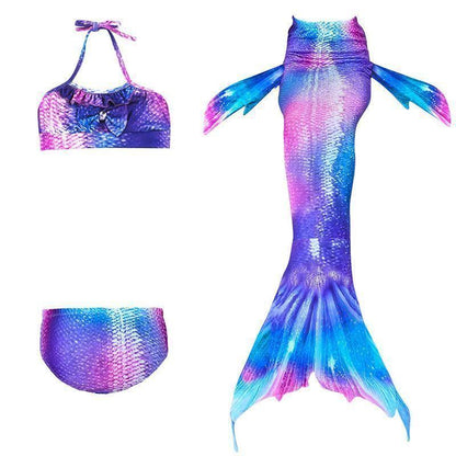 Meerjungfrauenschwanz-Bikini-Set Mädchen – 3-teilig mit Oberteil, Shorts & Flosse, aus Polyamid, zum Schwimmen