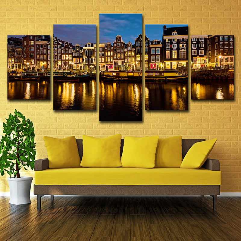 Brehn | Amsterdam Canal Night Landscape Art Print Modern Multi-Piece Living Room Decor Wall Decoration