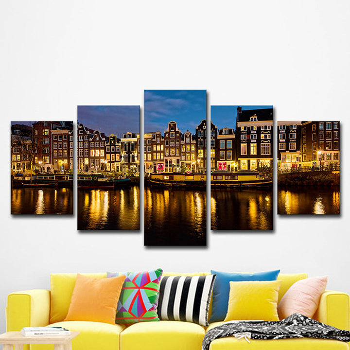 Brehn | Amsterdam Canal Night Landscape Art Print Modern Multi-Piece Living Room Decor Wall Decoration