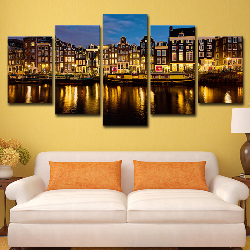 Brehn | Amsterdam Canal Night Landscape Art Print Modern Multi-Piece Living Room Decor Wall Decoration