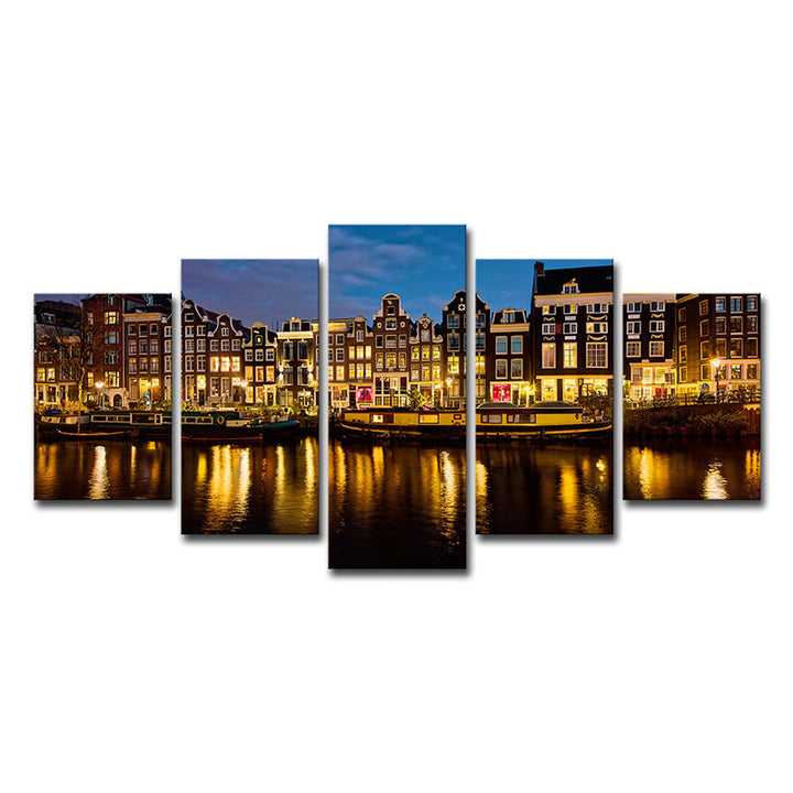 Brehn | Amsterdam Canal Night Landscape Art Print Modern Multi-Piece Living Room Decor Wall Decoration