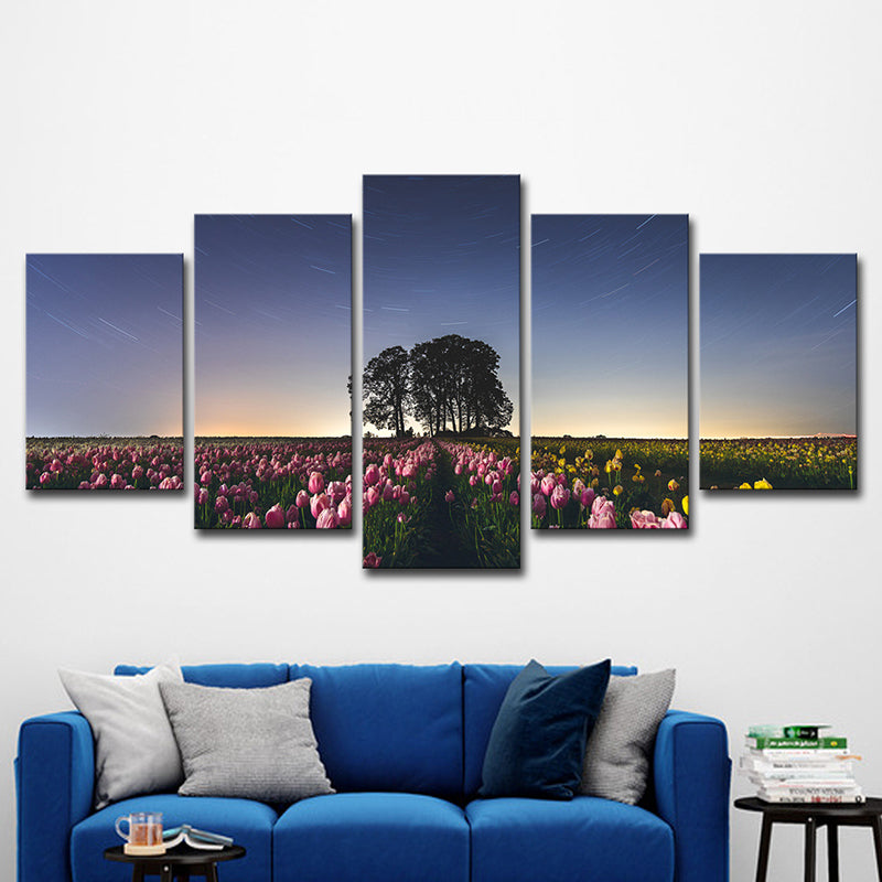 Brehn | Modernisme Tulip Boerderij Gewikkelde Canvas Roze Multi-Stuk Wandkunst voor Woonkamer