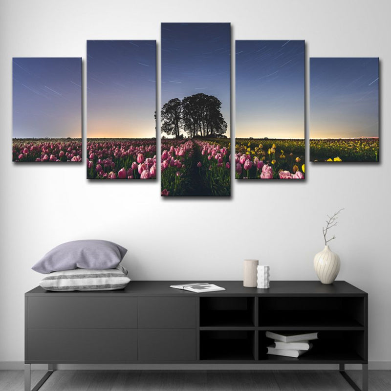 Brehn | Modernisme Tulip Boerderij Gewikkelde Canvas Roze Multi-Stuk Wandkunst voor Woonkamer