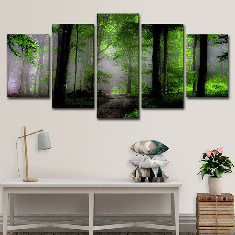 Brehn | Dawn Forest View Wandkunst Hedendaagse Rustige Natuurlijke Landschap Canvasprint in Groen