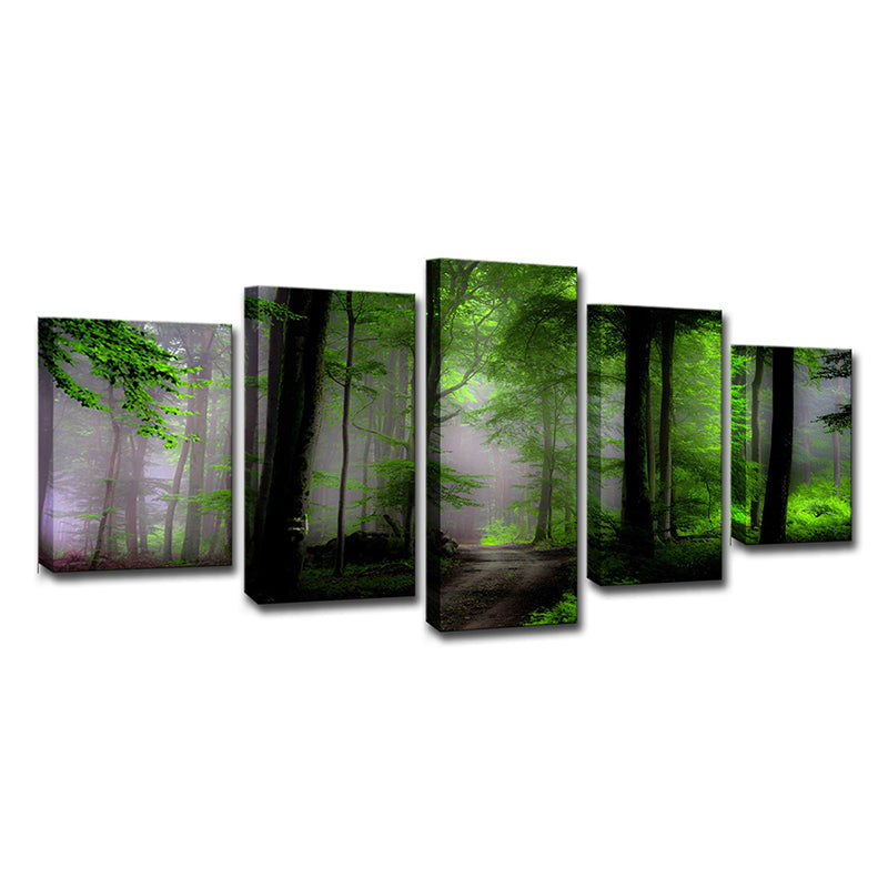 Brehn | Dawn Forest View Wandkunst Hedendaagse Rustige Natuurlijke Landschap Canvasprint in Groen