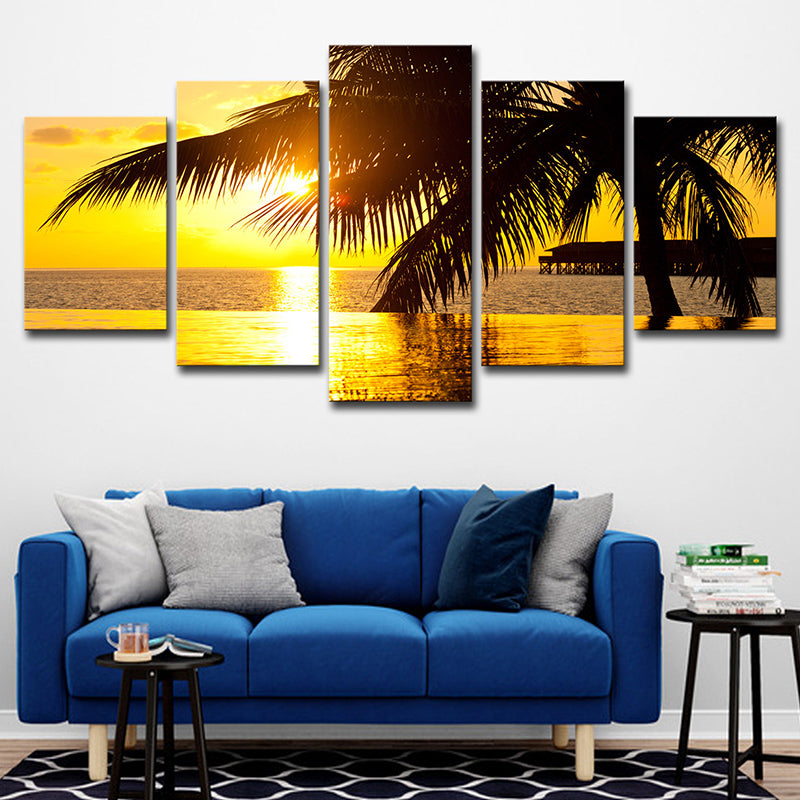 Brehn | Gelbe Tropix-Leinwandkunst Sonnenuntergang-Seestück mit Kokosbaumdruck Wandschmuck für zu Hause