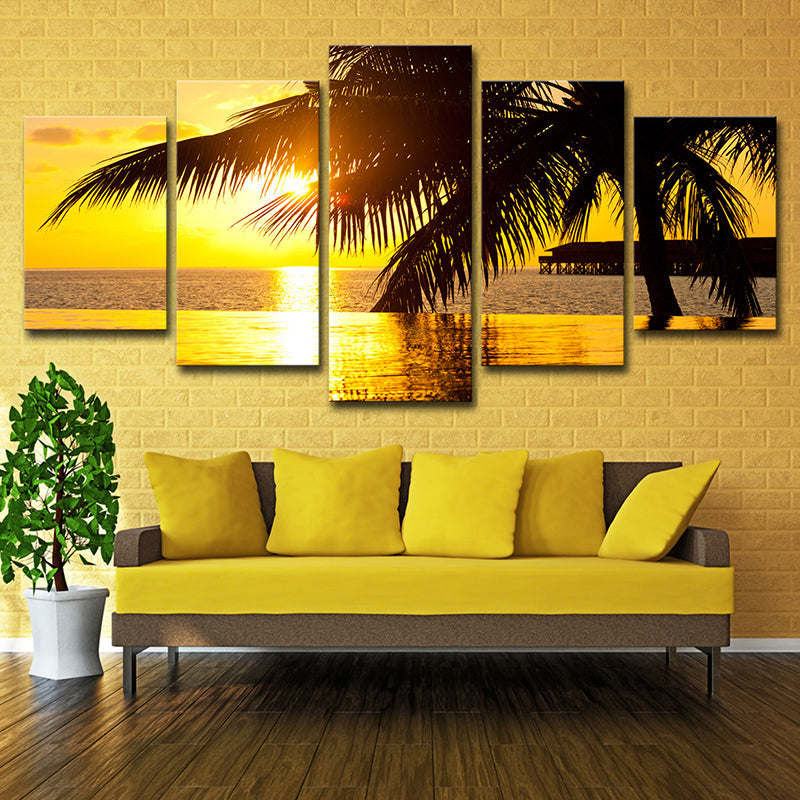 Brehn | Gelbe Tropix-Leinwandkunst Sonnenuntergang-Seestück mit Kokosbaumdruck Wandschmuck für zu Hause