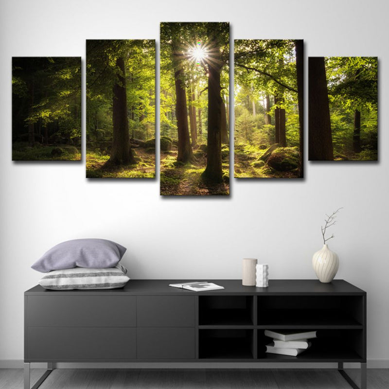 Brehn | Zon Schijnt Door Het Bos Canvas Hedendaagse Multi-Stuk Wanddecoratie Afdruk In Groen