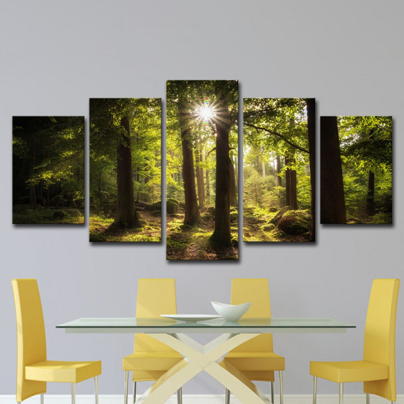 Brehn | Zon Schijnt Door Het Bos Canvas Hedendaagse Multi-Stuk Wanddecoratie Afdruk In Groen
