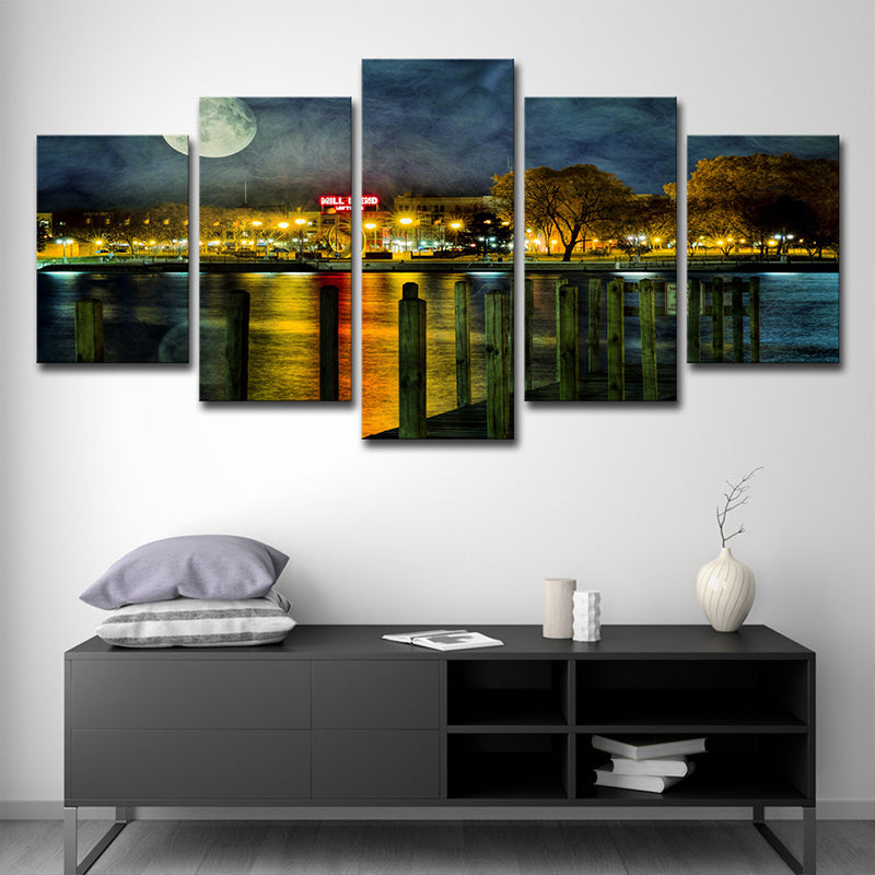 Brehn | Gelbe Urban Canvas Druck Riverside Stadt Nacht mit Super Mond Landschaft Wandkunst für Zimmer