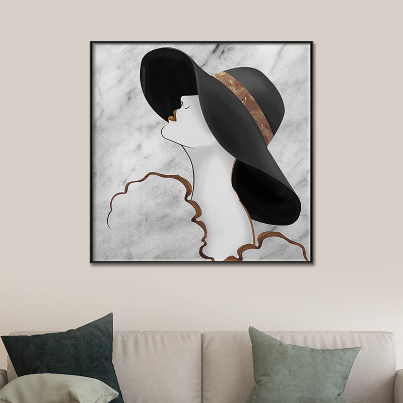 Brehn | Frau im Floppy Hat Leinwandkunst Glam Elegante Figur Wanddekoration in Schwarz für das Mädchenzimmer