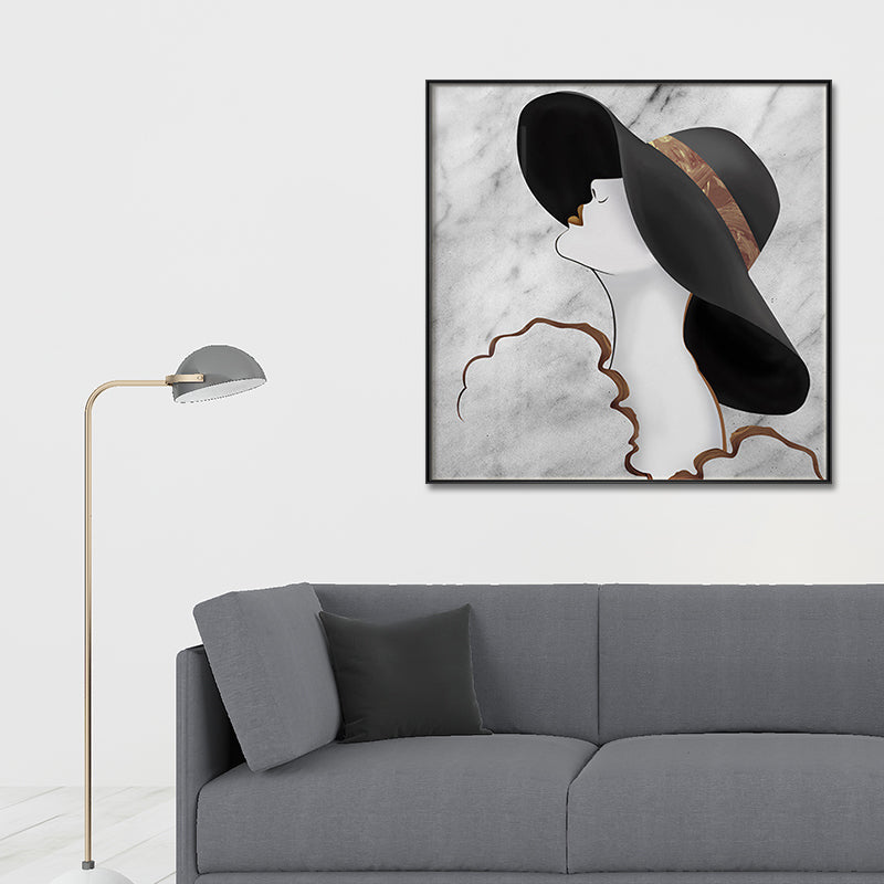 Brehn | Frau im Floppy Hat Leinwandkunst Glam Elegante Figur Wanddekoration in Schwarz für das Mädchenzimmer