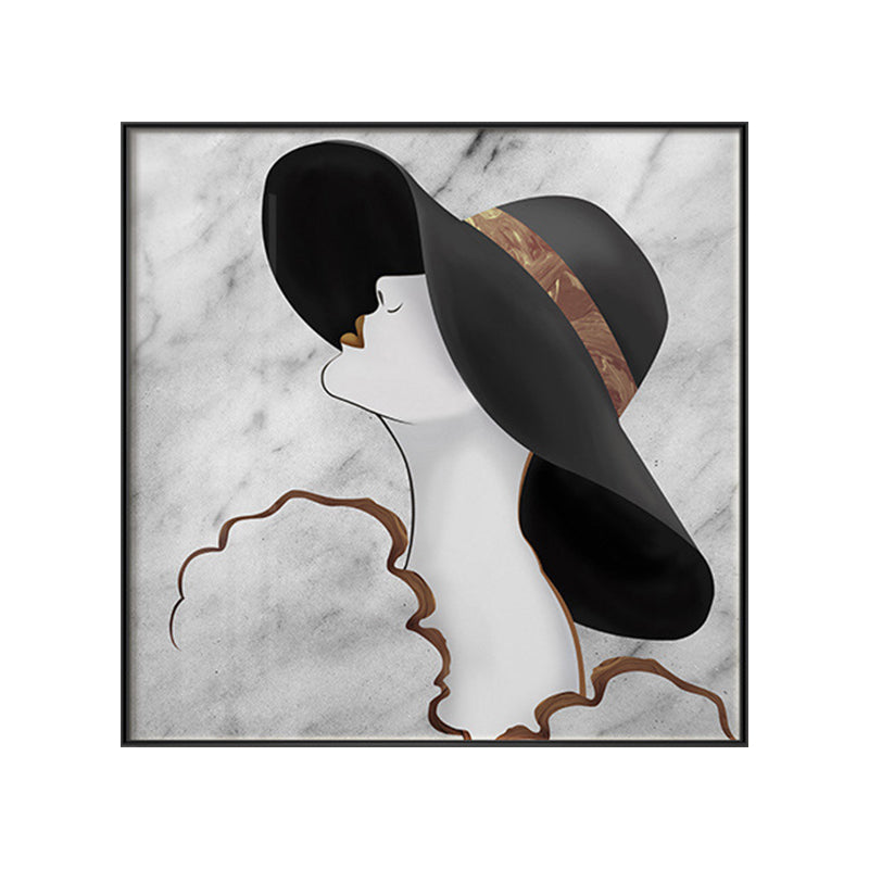 Brehn | Frau im Floppy Hat Leinwandkunst Glam Elegante Figur Wanddekoration in Schwarz für das Mädchenzimmer