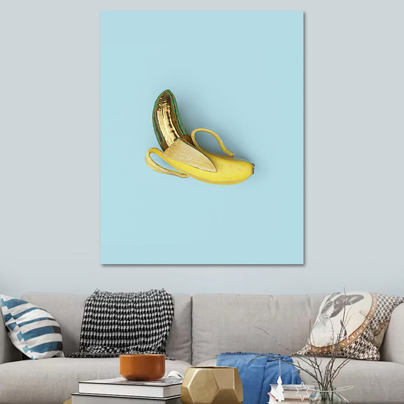 Brehn | Gerissene Banane Wanddekoration Minimalismus Leinwand Wandkunst Druck in Gelb auf Blau für Zimmer