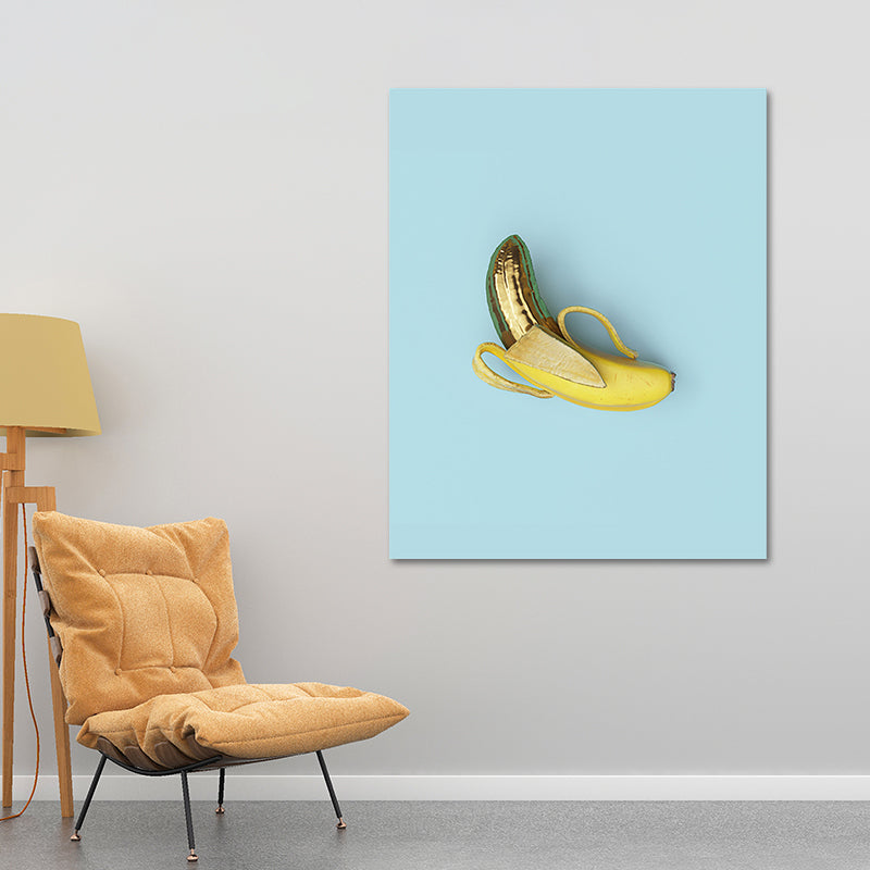 Brehn | Gerissene Banane Wanddekoration Minimalismus Leinwand Wandkunst Druck in Gelb auf Blau für Zimmer