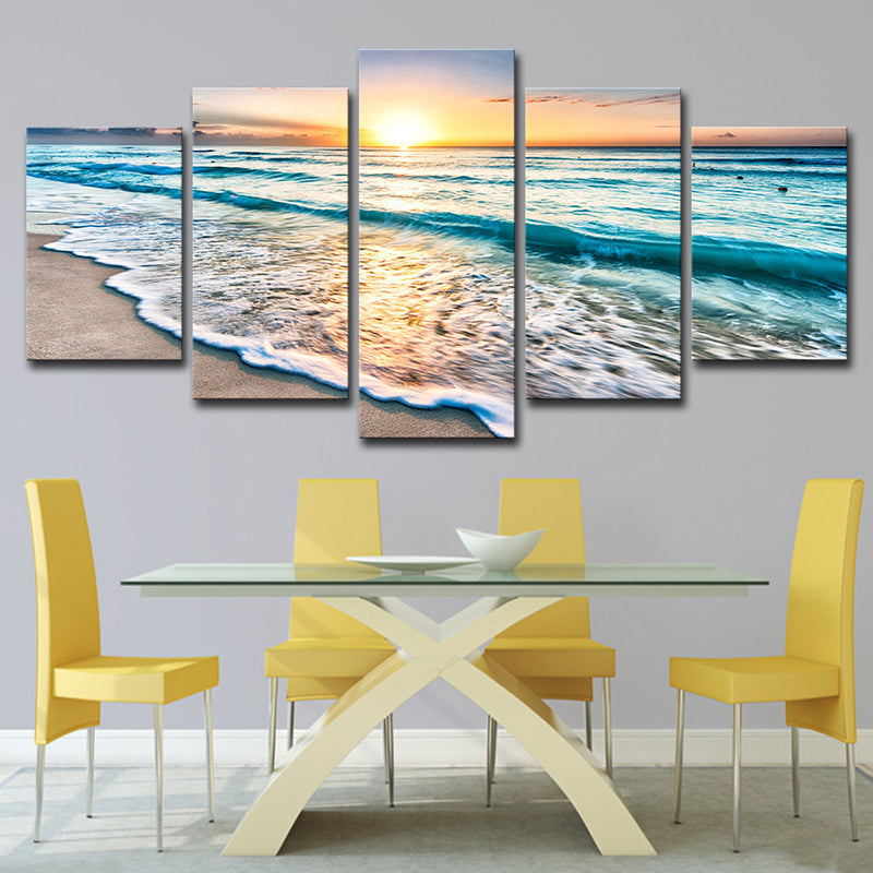 Brehn | Sonnenuntergang Strand Welle Kunstdruck Ozean-Blau Leinwand Wanddekoration für das Esszimmer, Mehrteilig