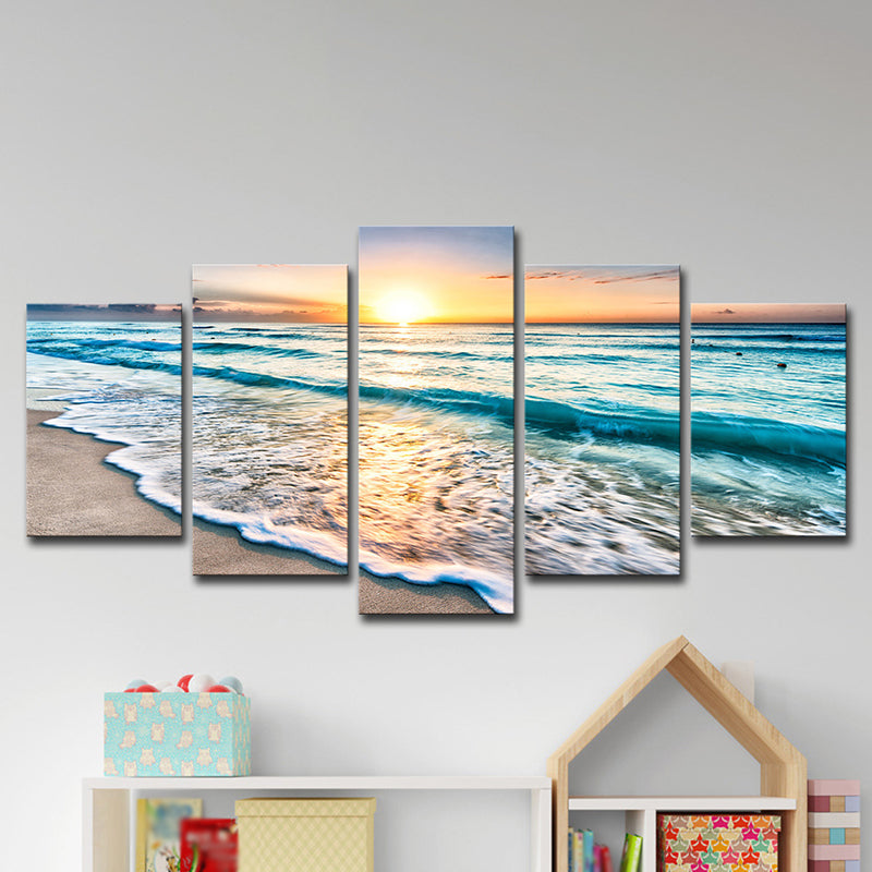 Brehn | Sonnenuntergang Strand Welle Kunstdruck Ozean-Blau Leinwand Wanddekoration für das Esszimmer, Mehrteilig