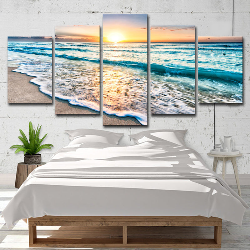 Brehn | Sonnenuntergang Strand Welle Kunstdruck Ozean-Blau Leinwand Wanddekoration für das Esszimmer, Mehrteilig