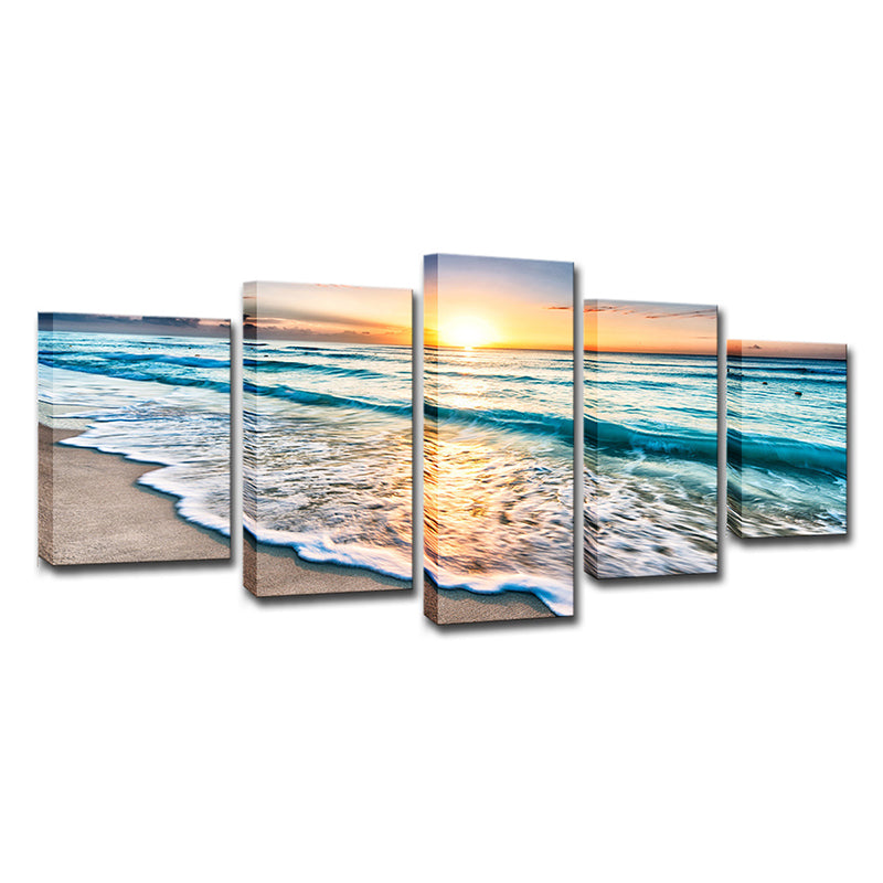 Brehn | Sonnenuntergang Strand Welle Kunstdruck Ozean-Blau Leinwand Wanddekoration für das Esszimmer, Mehrteilig