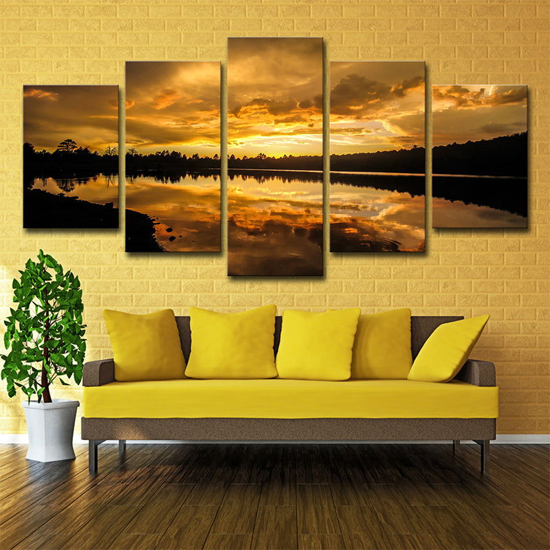 Brehn | Kaibab Lake Sunset Scenery Leinwand Gold Glam Wandkunst für das Wohnzimmer, Texturiert
