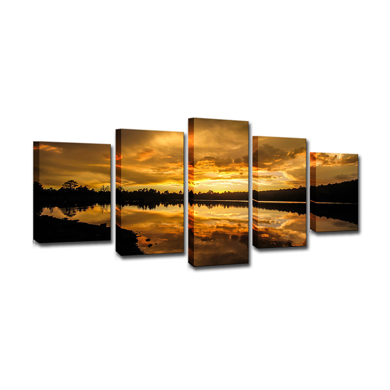 Brehn | Kaibab Lake Sunset Scenery Leinwand Gold Glam Wandkunst für das Wohnzimmer, Texturiert