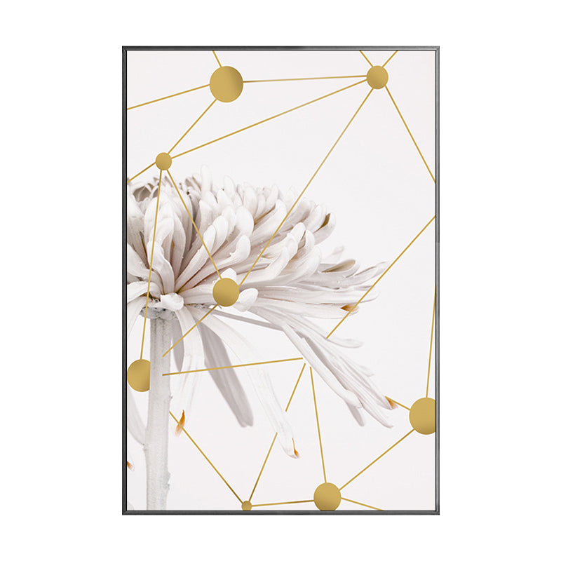 Brehn | Modern Blooming Chrysanths Kunstdruck Weiß und Gold Geometrische Leinwand für das Wohnzimmer