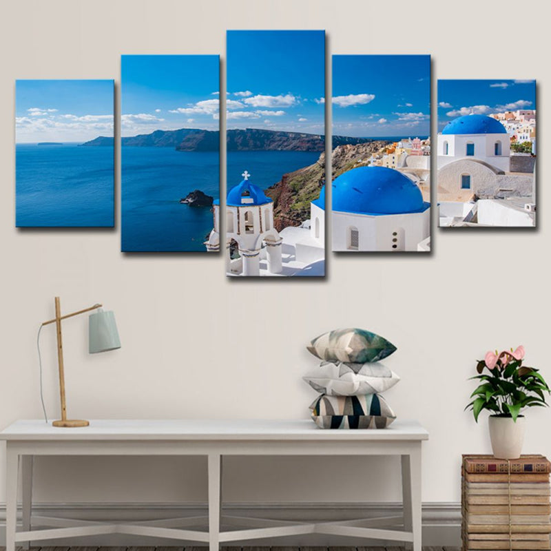 Brehn | Foto Druck Griechische Santorini Leinwand Wandkunst für das Wohnzimmer. Blau und Weiß, Mehrteilig