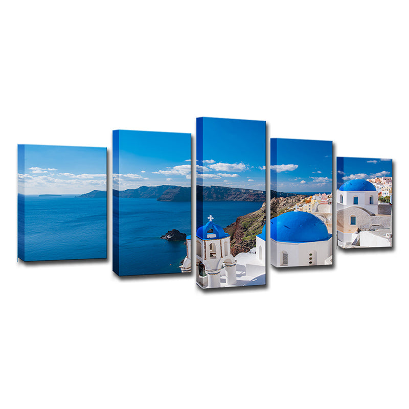 Brehn | Foto Druck Griechische Santorini Leinwand Wandkunst für das Wohnzimmer. Blau und Weiß, Mehrteilig