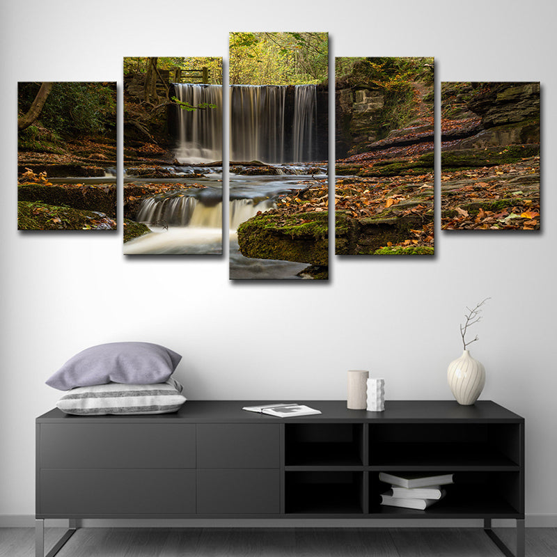 Brehn | Wald Cascade Landschaft Wandkunst auf braunem Canvas Gemachte Wanddekoration, Mehrteilig