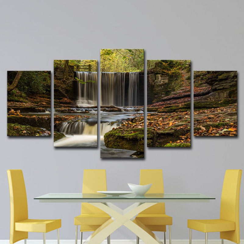 Brehn | Wald Cascade Landschaft Wandkunst auf braunem Canvas Gemachte Wanddekoration, Mehrteilig