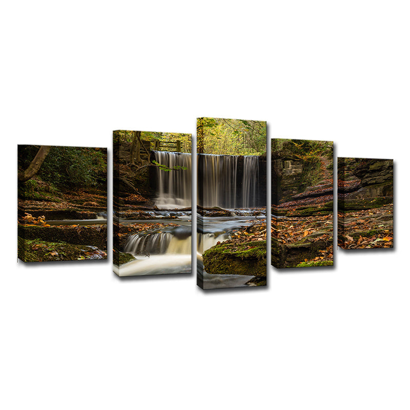 Brehn | Wald Cascade Landschaft Wandkunst auf braunem Canvas Gemachte Wanddekoration, Mehrteilig