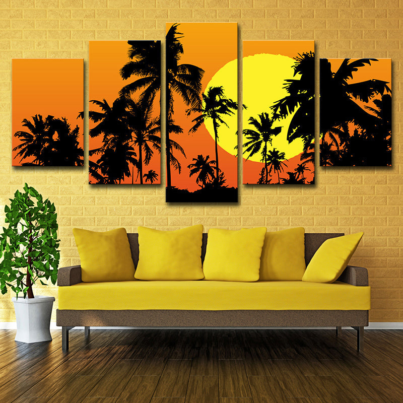 Brehn | Leinwand Orange Kunstdruck Tropische Supermond Nacht mit Palmen-Schatten Wanddeko