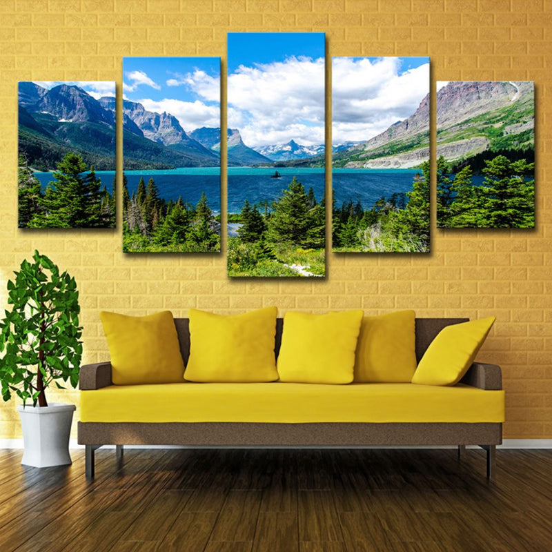 Brehn | St Mary Lake Scenery Canvas Kunst Moderne Meerdere Stukken Familie Kamer Muurdecor in Hemelsblauw