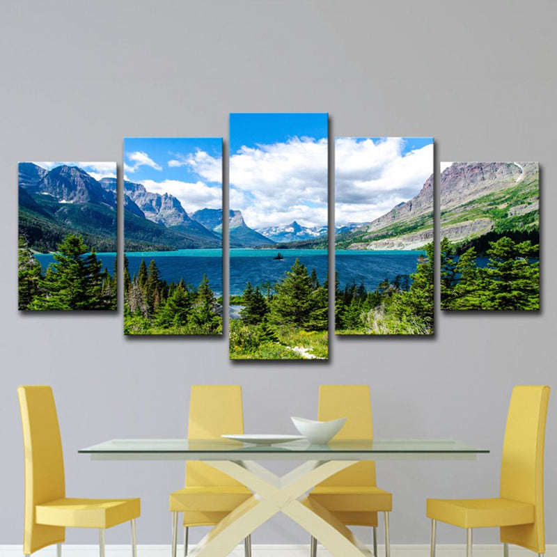 Brehn | St Mary Lake Scenery Canvas Kunst Moderne Meerdere Stukken Familie Kamer Muurdecor in Hemelsblauw