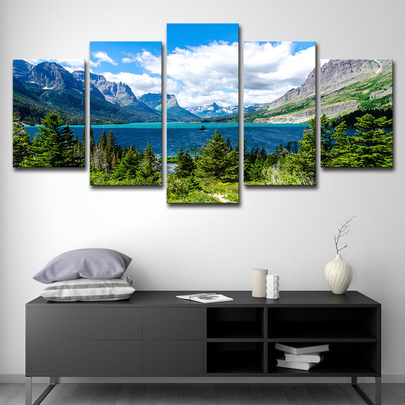 Brehn | St Mary Lake Scenery Canvas Kunst Moderne Meerdere Stukken Familie Kamer Muurdecor in Hemelsblauw