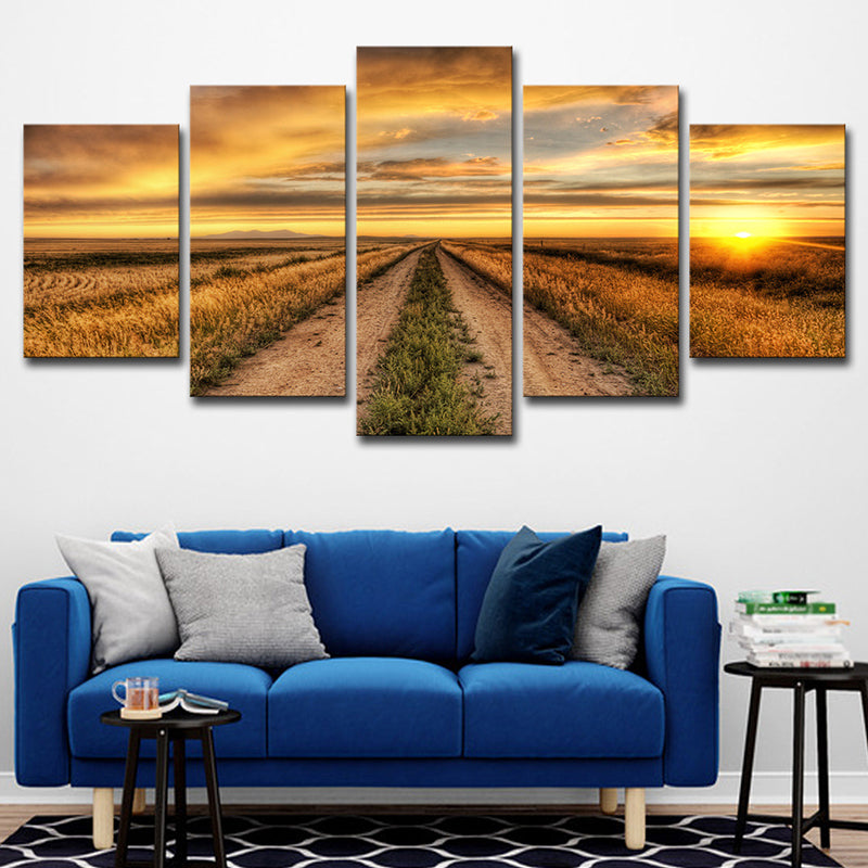 Brehn | Moderne Sunset Farm Lane Kunstdruck Leinwand Mehrteilige Gelbe Wanddekoration für Hausinterieur