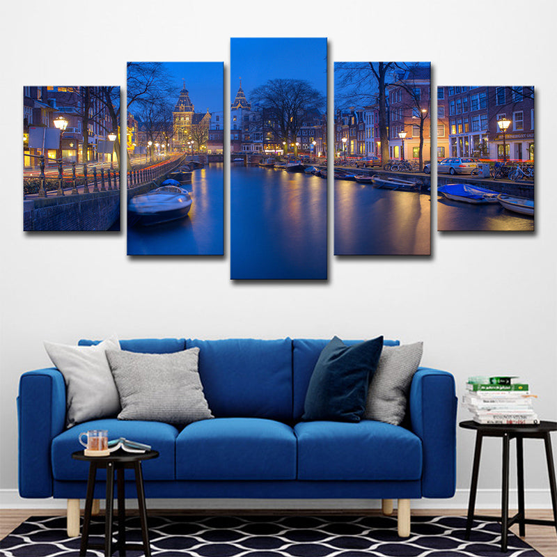 Brehn | Amsterdam Grachten Muur Dekor voor Thuis Nachtzicht Canvas Print in Blauw, Meerdere Stukken