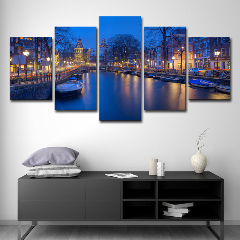 Brehn | Amsterdam Grachten Muur Dekor voor Thuis Nachtzicht Canvas Print in Blauw, Meerdere Stukken