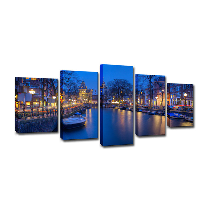 Brehn | Amsterdam Grachten Muur Dekor voor Thuis Nachtzicht Canvas Print in Blauw, Meerdere Stukken