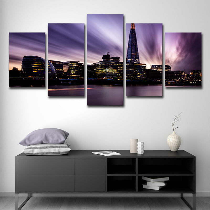 Brehn | Canvas Paarse Wandkunst Wereld geïnspireerd Rivier de Thames 's Nachts Wanddecoratie voor Slaapkamer