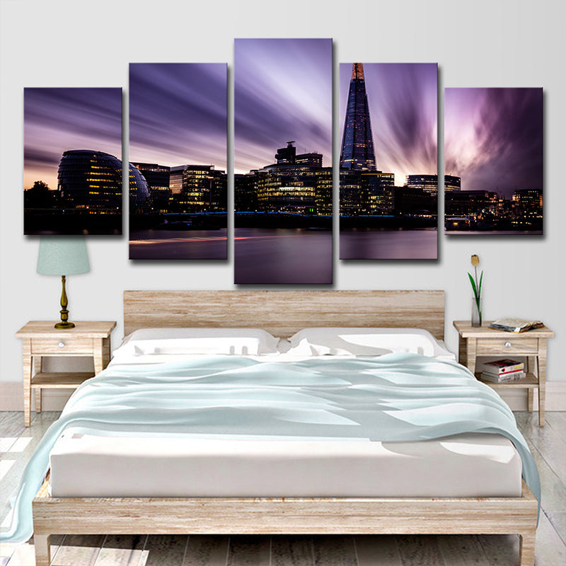 Brehn | Canvas Paarse Wandkunst Wereld geïnspireerd Rivier de Thames 's Nachts Wanddecoratie voor Slaapkamer