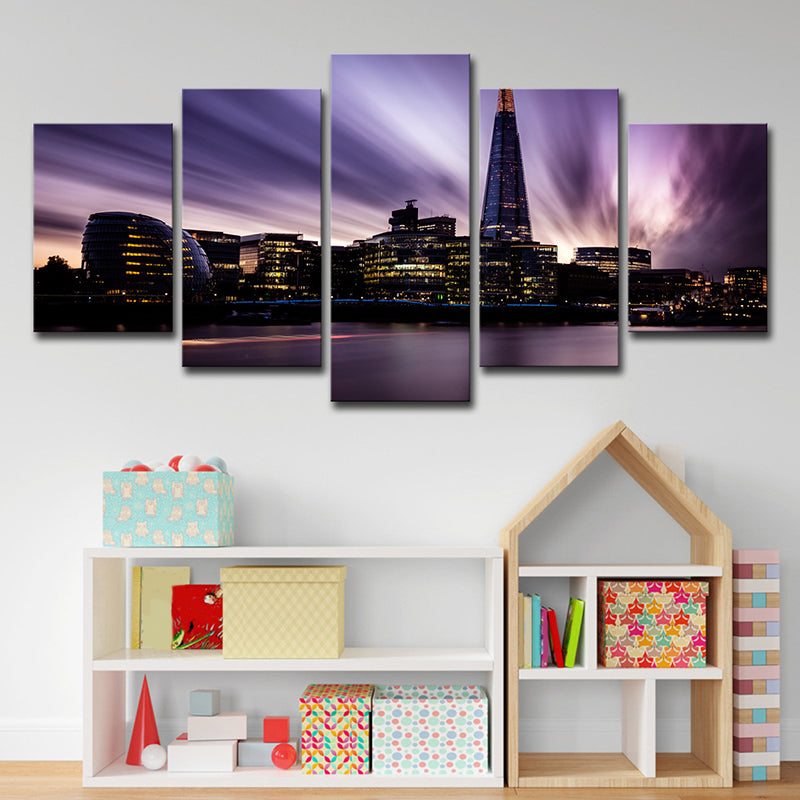Brehn | Canvas Paarse Wandkunst Wereld geïnspireerd Rivier de Thames 's Nachts Wanddecoratie voor Slaapkamer