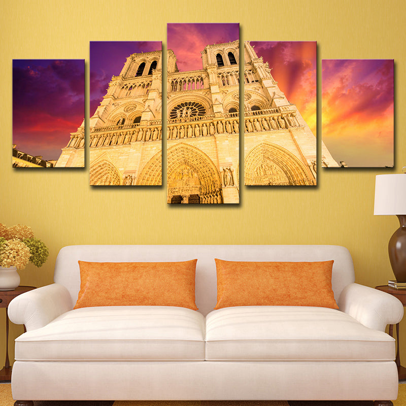 Brehn | Moderne Notre Dame Kathedraal Canvas Geel Woonkamer Muurdecoratie, Meerdelig