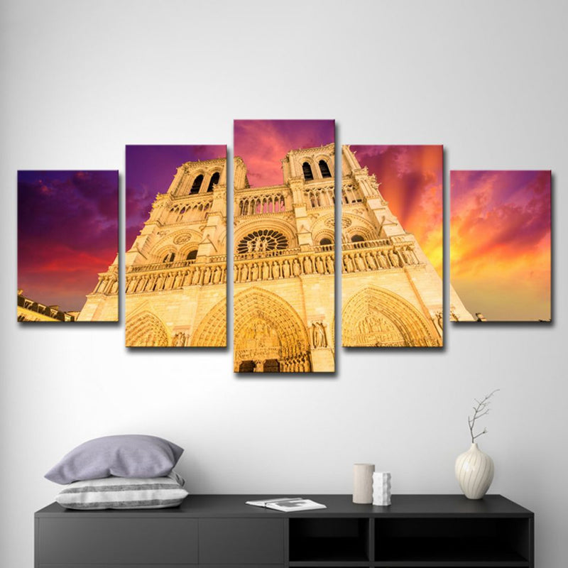 Brehn | Moderne Notre Dame Kathedraal Canvas Geel Woonkamer Muurdecoratie, Meerdelig