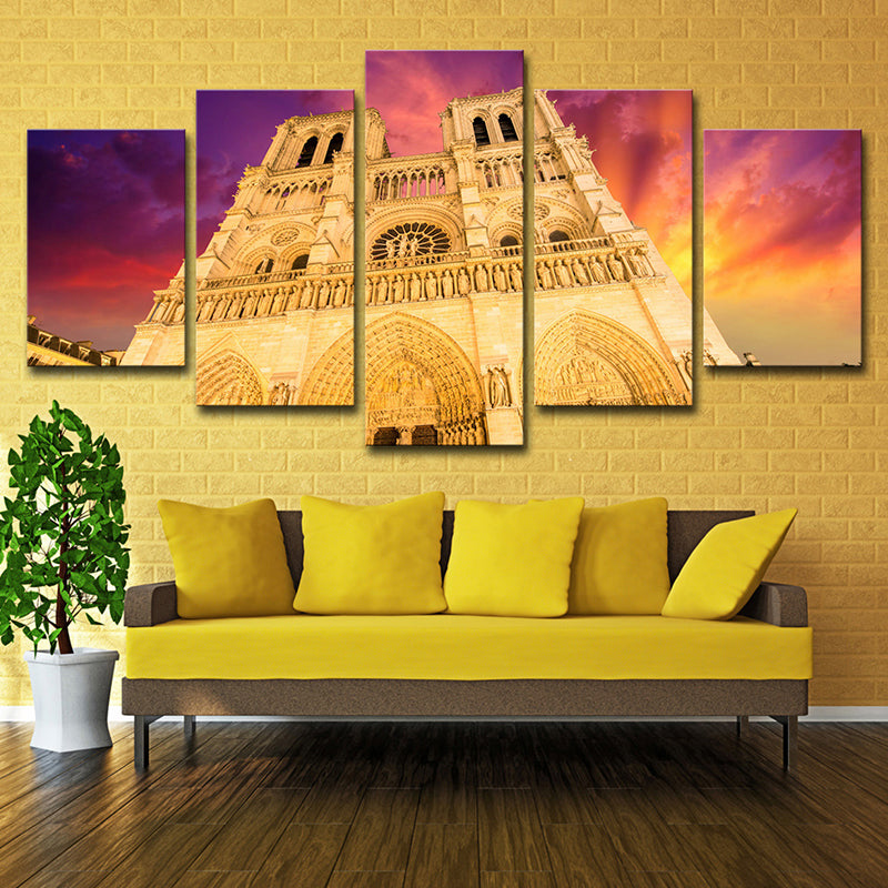 Brehn | Moderne Notre Dame Kathedraal Canvas Geel Woonkamer Muurdecoratie, Meerdelig