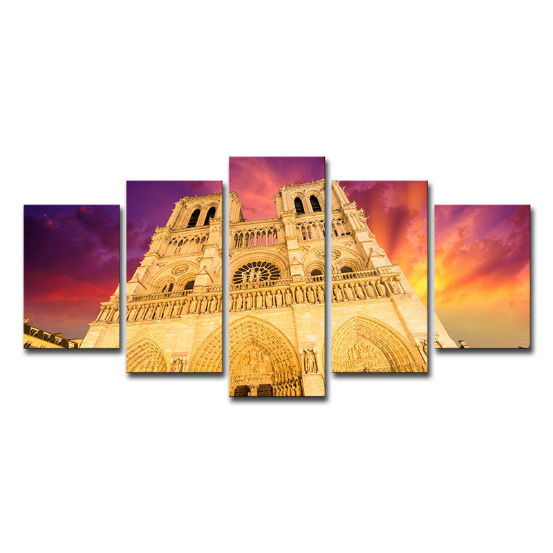 Brehn | Moderne Notre Dame Kathedraal Canvas Geel Woonkamer Muurdecoratie, Meerdelig