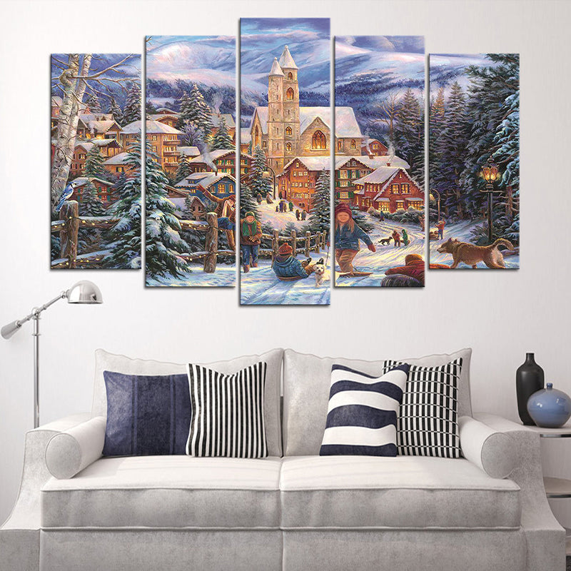 Brehn | Winterdorf Landschaft Wandkunst Blau und Braun Nordische Leinwanddruck für Zuhause, Mehrteilig