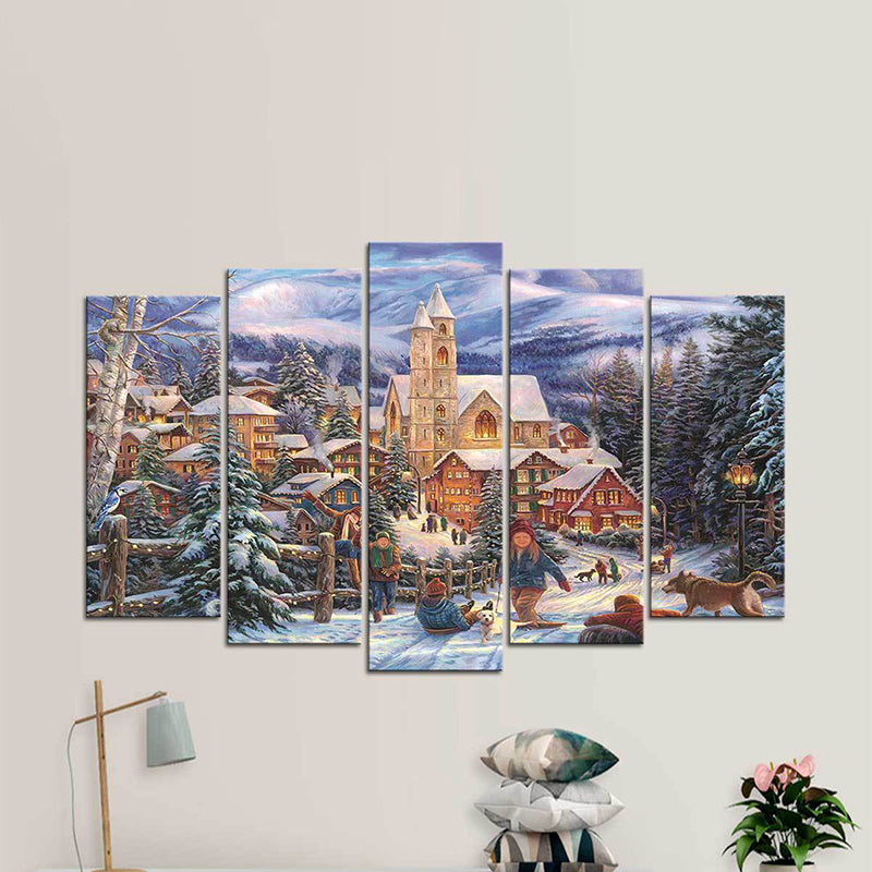 Brehn | Winterdorf Landschaft Wandkunst Blau und Braun Nordische Leinwanddruck für Zuhause, Mehrteilig