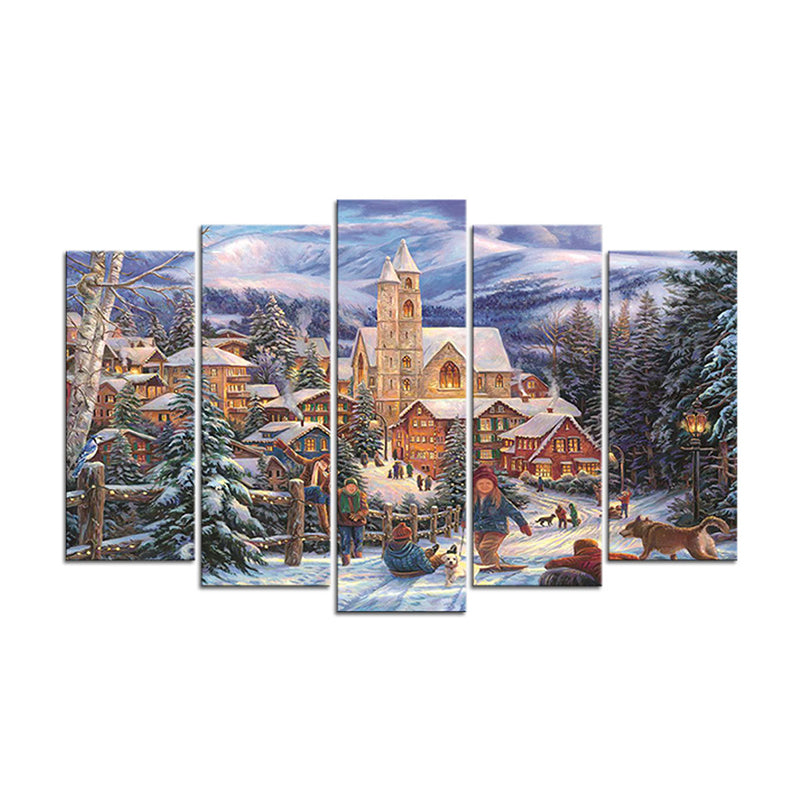 Brehn | Winterdorf Landschaft Wandkunst Blau und Braun Nordische Leinwanddruck für Zuhause, Mehrteilig